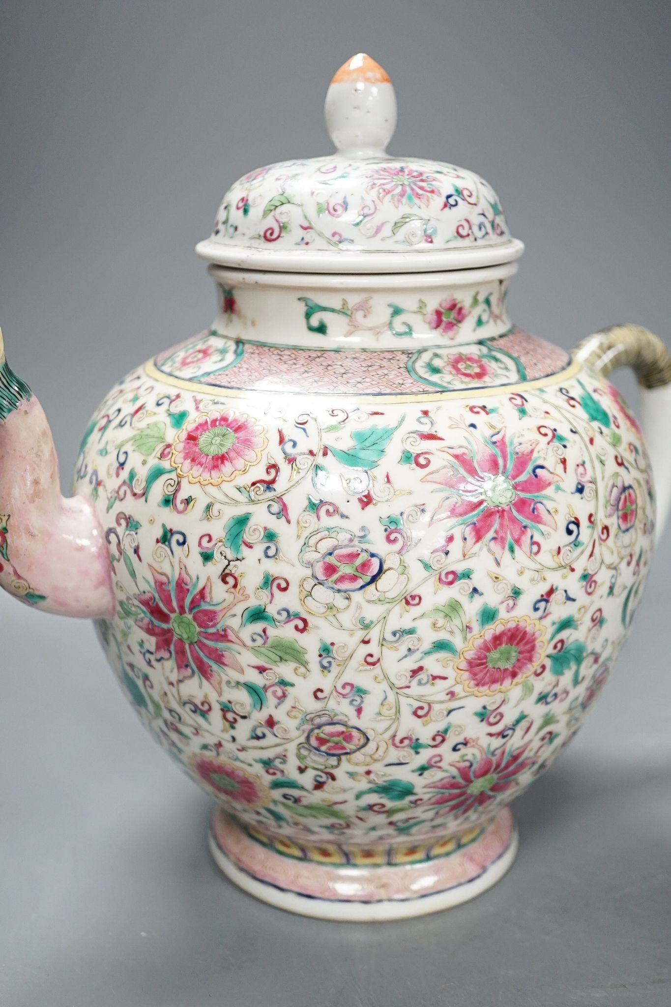 A large 19th century Chinese famille rose wine pot, and another wine pot, tallest 27cm